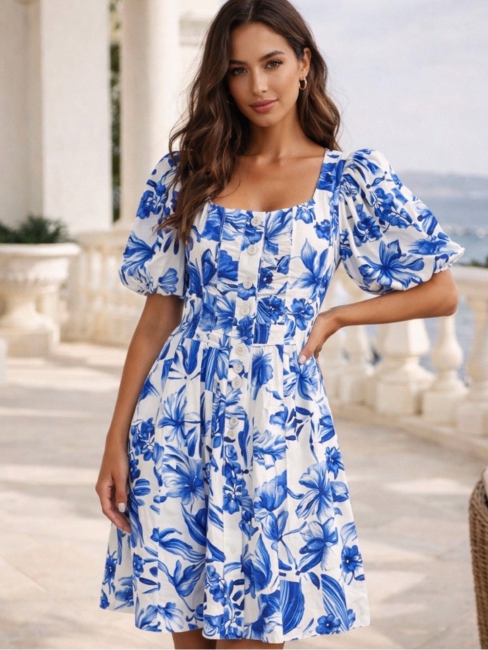 House of Harlow Blue Floral Puff-Sleeve Sundress - White & Blue